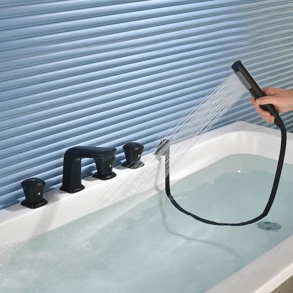 Modern 3-Handle Roman Tub Faucet with Hand Shower in Matte Black
