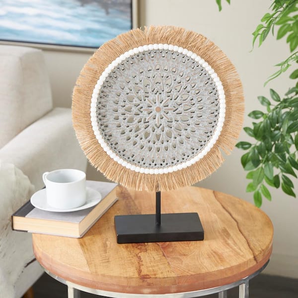 Litton Lane Gray Wooden Handmade Seagrass Fringed Tribal Sculpture with Black Base