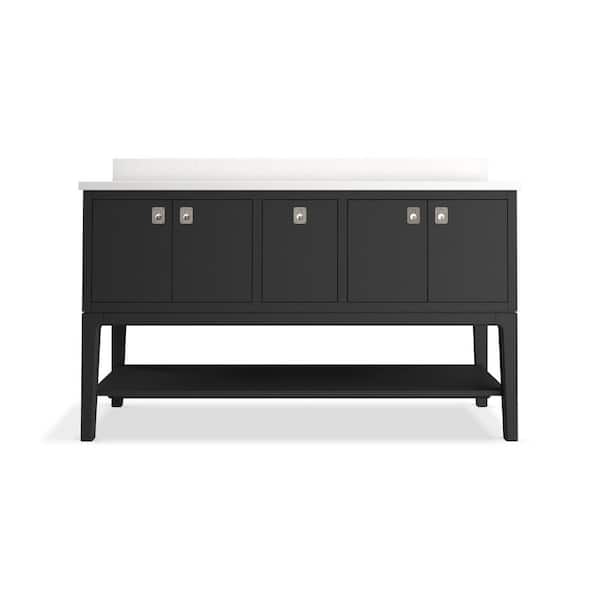 KOHLER Seagrove 61in. Double Sink Freestanding Ferrous Grey Bath Vanity with White Quartz Top Assembled