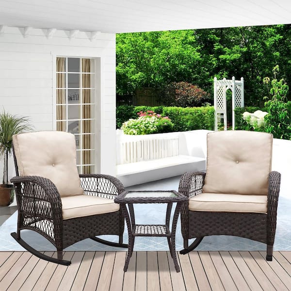 Zeus & Ruta Brown 3-Piece Wicker Outdoor Patio Conversation Set with Khaki Cushions and Glass Top Side Table