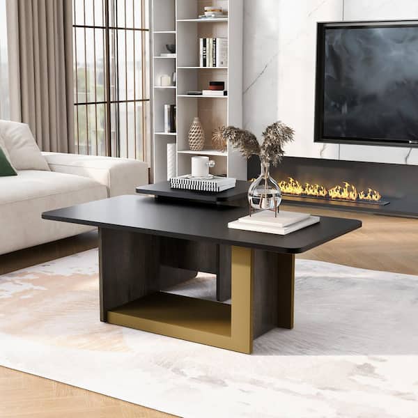 47.2 in. Black Rectangle MDF Wood Coffee Table with 2 Pieces and Spacious Top