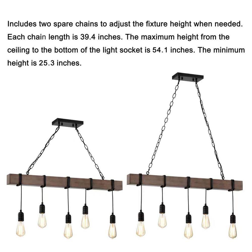 Antique Black and Natural Wood 5-Light Linear Chandelier