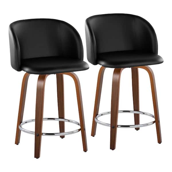 Fran 24" Walnut Wood and Black Faux Leather Fixed-Height Counter Stool with Chrome Round Footrest (Set of 2) LYW