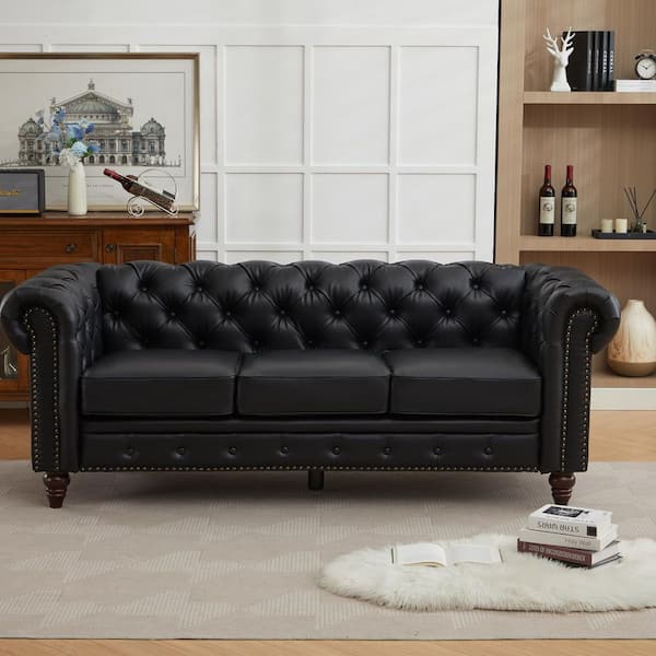 JEAREY 84.25 in. Width Rolled Arm Faux Leather Chesterfield Sofa, Rectangle Three Seater Nailhead Tufted Sofa in. Black