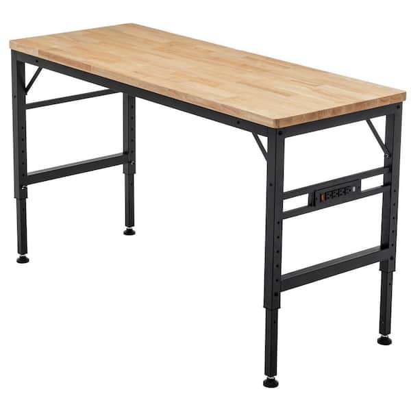 Tileon Rectangular Metal Outdoor Side Table with Power Outlets, Heavy-Duty Adjustable Height Workbench for Indoor/Outdoor-Black