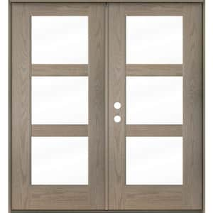 Modern 72 in. x 80 in. 3-Lite Right-Active/Inswing Clear Glass Oiled Leather Stain Double Fiberglass Prehung Front Door