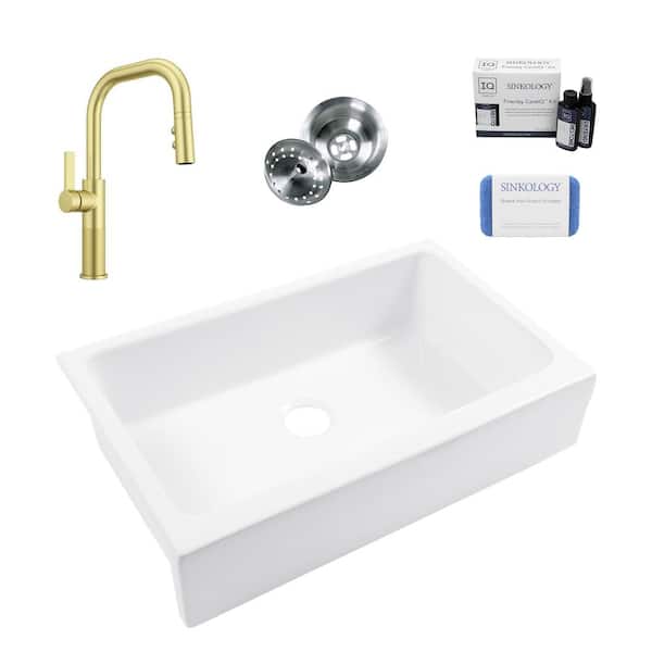 Grace 34 in. Quick-Fit Farmhouse Apron Front Undermount Single Bowl White Fireclay Kitchen Sink with Gold Faucet Kit