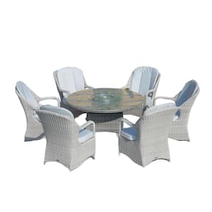 Stream Grey 7-Piece Aluminum Wicker Round Outdoor Dining Set with Semicircle Rattan Chairs and Cushions