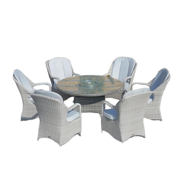 DIRECT WICKER Stream Grey 7-Piece Aluminum Wicker Round Outdoor Dining Set with Semicircle Rattan Chairs and Cushions
