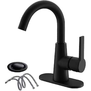 4 in. Centerset Single Handle Bathroom Faucet with Deck Plate and Supply Hoses in Matte Black