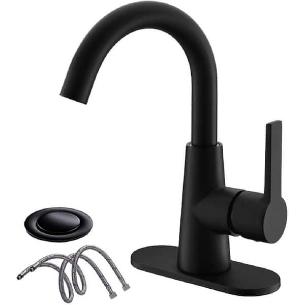 Phiestina 4 in. Centerset Single Handle Bathroom Faucet with Deck Plate and Supply Hoses in Matte Black