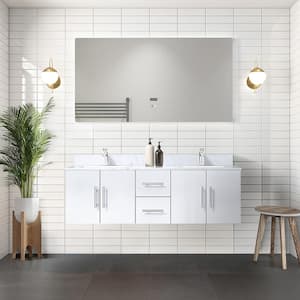Geneva 60 in. W x 22 in. D Glossy White Double Bath Vanity, Carrara Marble Top, Faucet Set and 60 in. LED Mirror