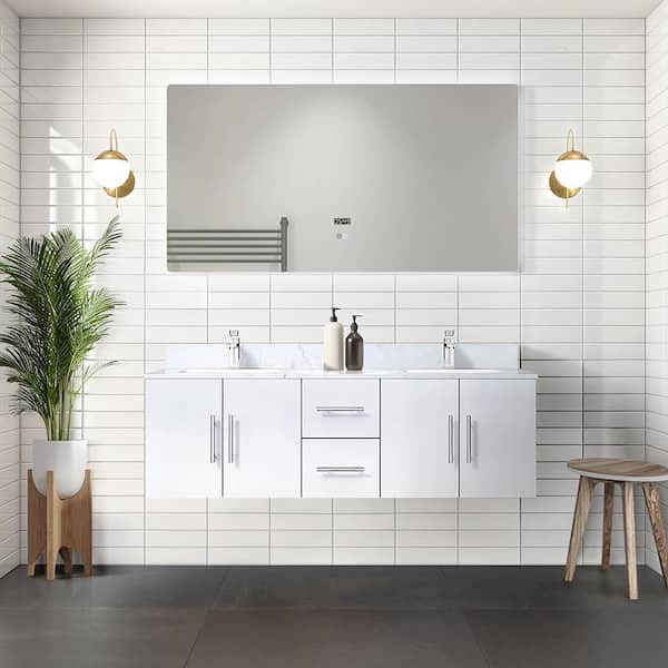 Lexora Geneva 60 in. W x 22 in. D Glossy White Double Bath Vanity, Carrara Marble Top, Faucet Set and 60 in. LED Mirror
