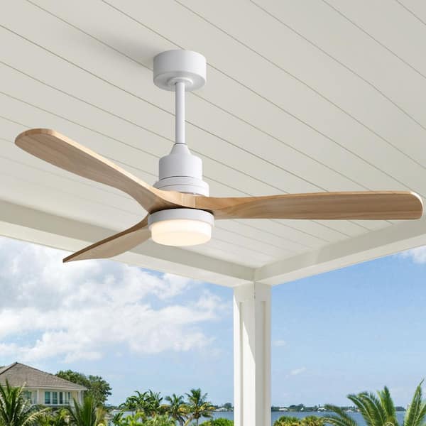 52 in. Modern Solid Wood Indoor/Outdoor White Standard Downrod Ceiling Fan with Light Kit DC Motor and Remote Control