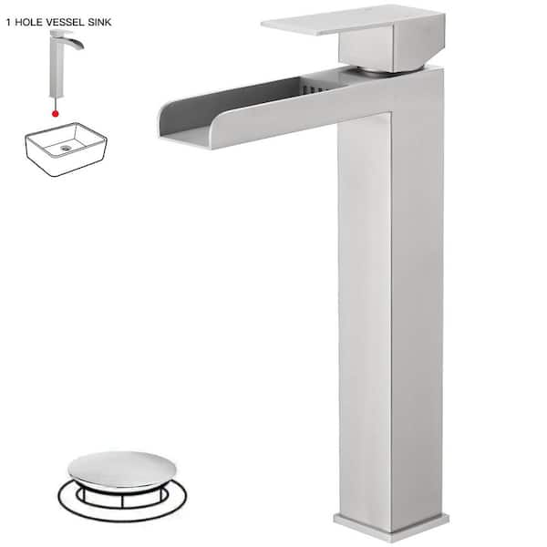 HOMEMYSTIQUE Waterfall Single Handle Vessel Sink Faucet with Drain Kit in Brushed Nickel
