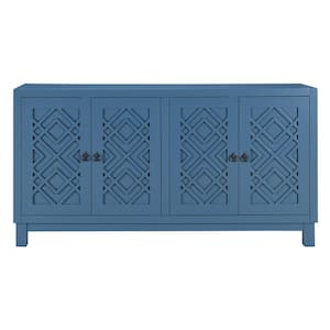 60.00 in. W x 15.70 in. D x 32.00 in. H Navy Blue Linen Cabinet, 4-Door Buffet Cabinet with Pull Ring Handles