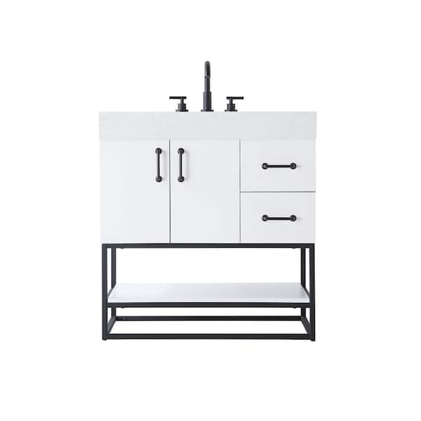 32 in. Single Sink White Bath Vanity with White Engineered Marble Top