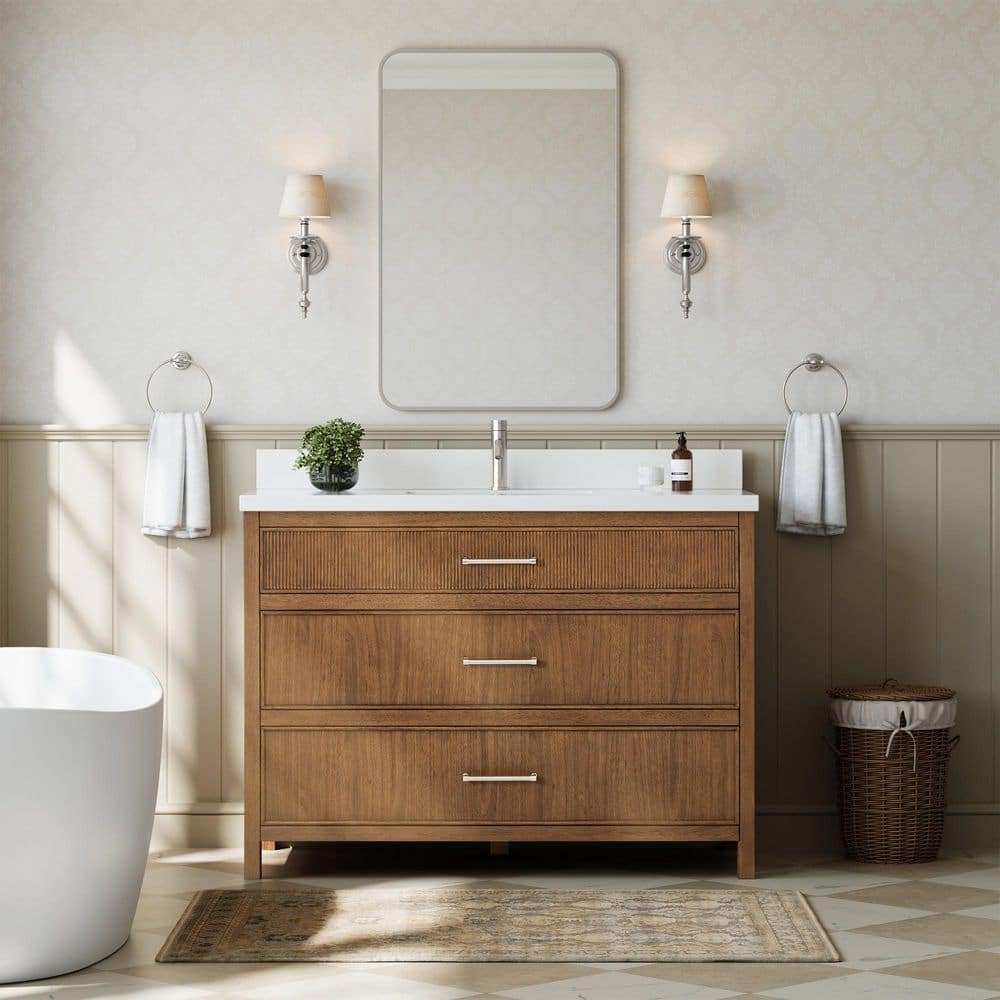 Isola 48 in. Single Freestanding Toasted Walnut with Brushed Nickel Trim Bath Vanity with White Quartz Top price history on PriceWatchPro