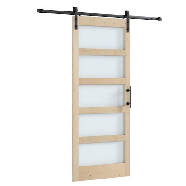 36 in. x 84 in. 5 Lite Frosted Glass Tan Unfinished Spruce Wood Assembly Required Sliding Barn Door with Hardware Kit