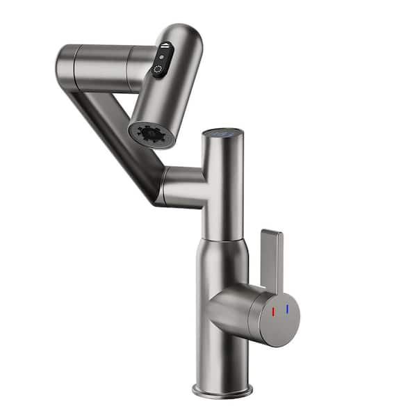 Single Handle Single Hole Temperature Display Bathroom Sink Faucet with Sprayer 360° Rotary Basin Vanity Taps in Grey