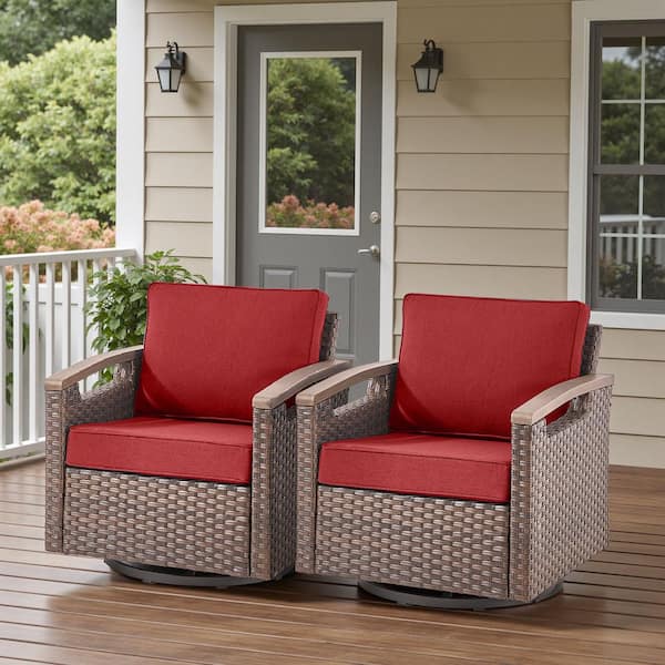 Bellefurn Concave 2-Person Brown Wicker Outdoor Glider Patio Swivel Rocking Chair Set with Red Cushions