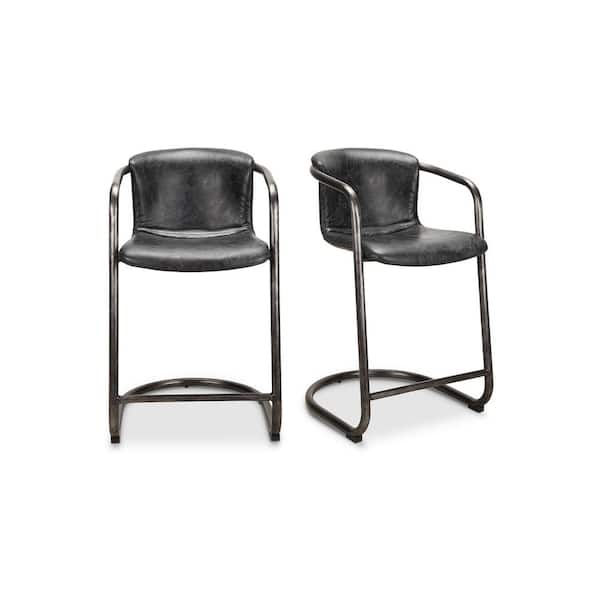 NADAAL STUDIOS Galen 25 in. Onyx Black Leather Tubular Iron Legs Metal Counter Stool (Set of 2)