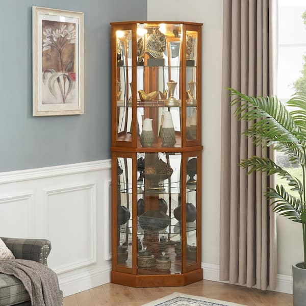 26 in. W x 20 in. D x 72 in. H Light Oak Brown Linen Cabinet, 6 Shelf Corner Curio Display Cabinet with Light, Mirrors