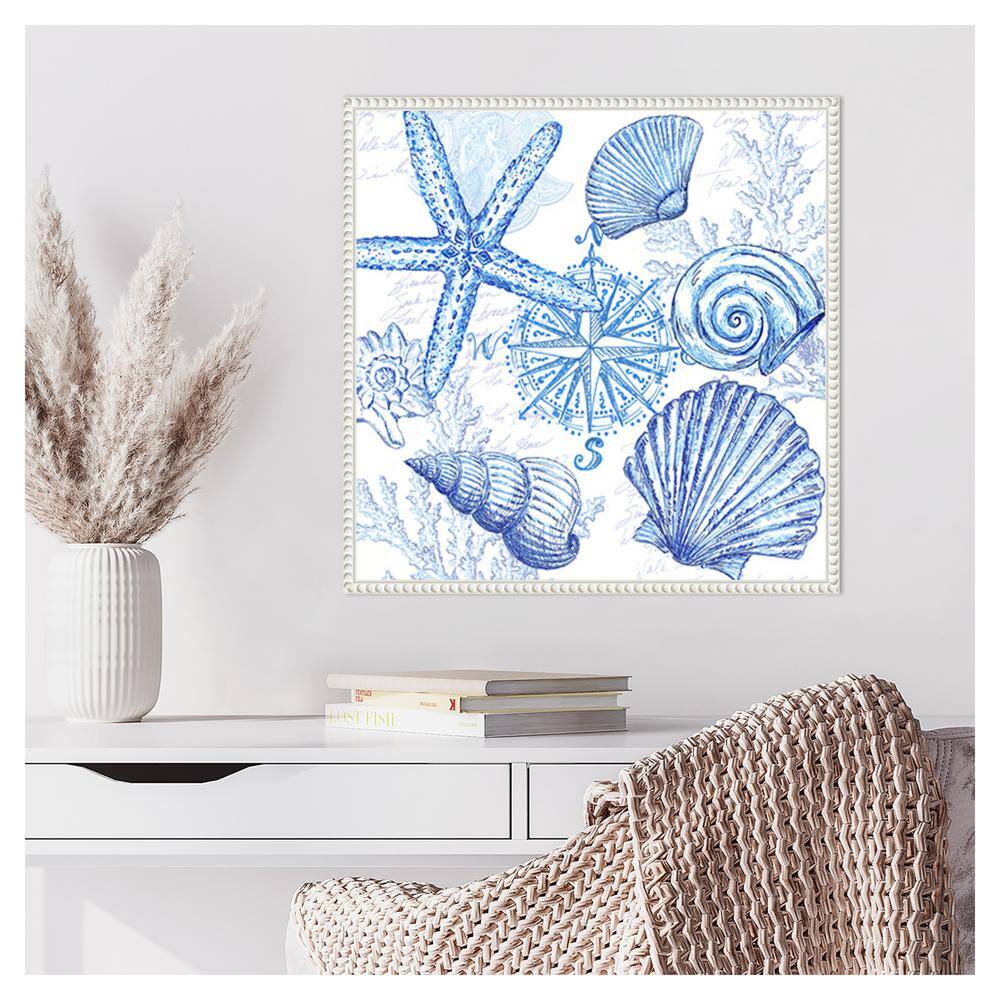 Blue Coastal Shells and Starfish Canvas Print with White Frame