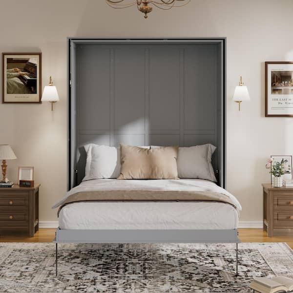 Gray Wood Frame Queen Size Murphy Bed with Hidden Storage Racks, Space-Saving Multifunctional Wall Bed