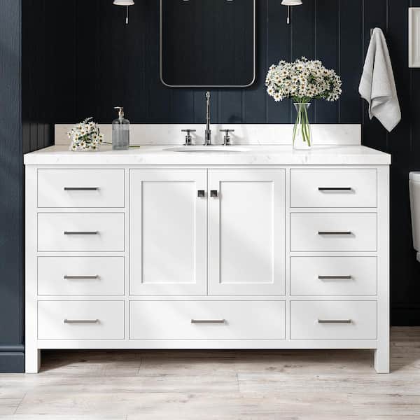 ARIEL Cambridge 60 in. W x 22 in. D x 36 in. H Single Oval Sink Bath Vanity in White with Carrara White Quartz Top