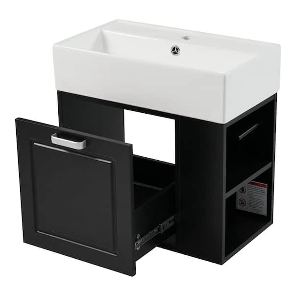 21.8 in. W Floating Black Bath Vanity with White Ceramic Top, Drawer, Adjustable Shelf, Paper Holder, Unassembled