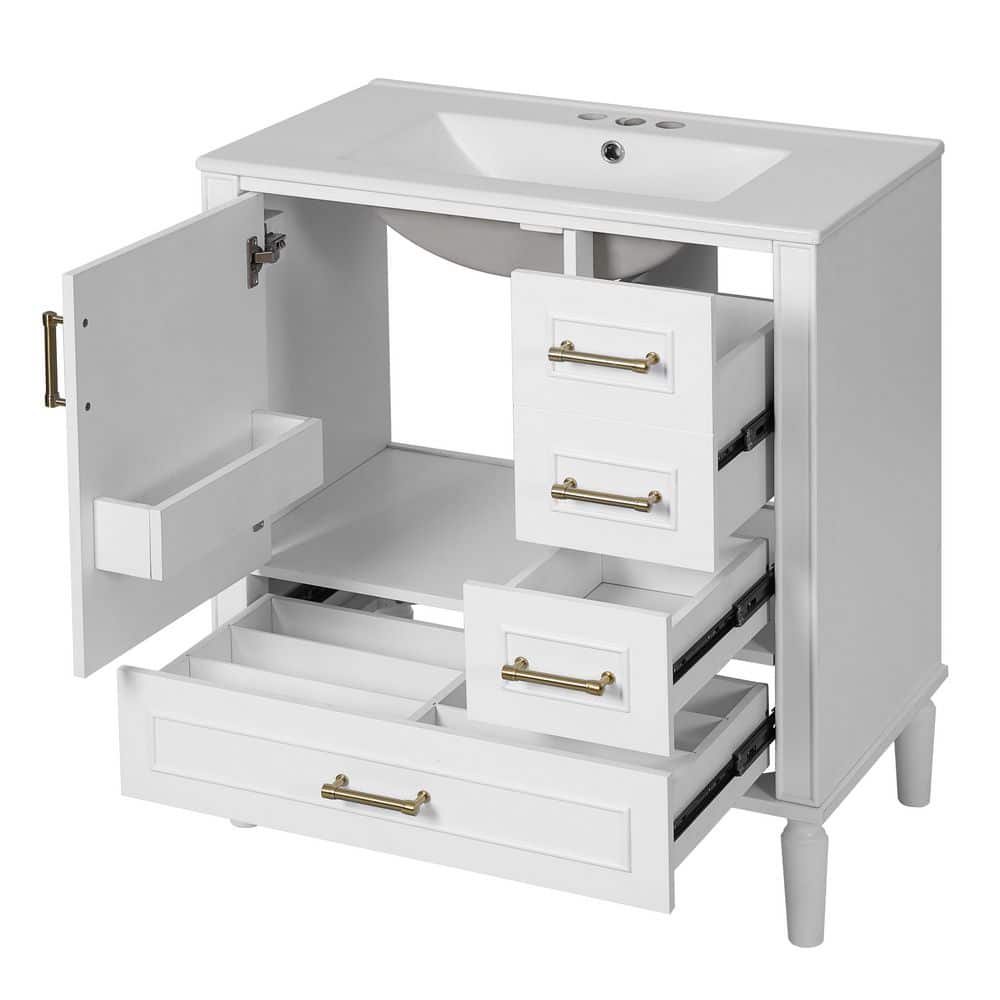30 in. Single Sink Freestanding White Bath Vanity with White Ceramic Top, 3-Drawers, Soft Close Doors, Unassembled price history on PriceWatchPro
