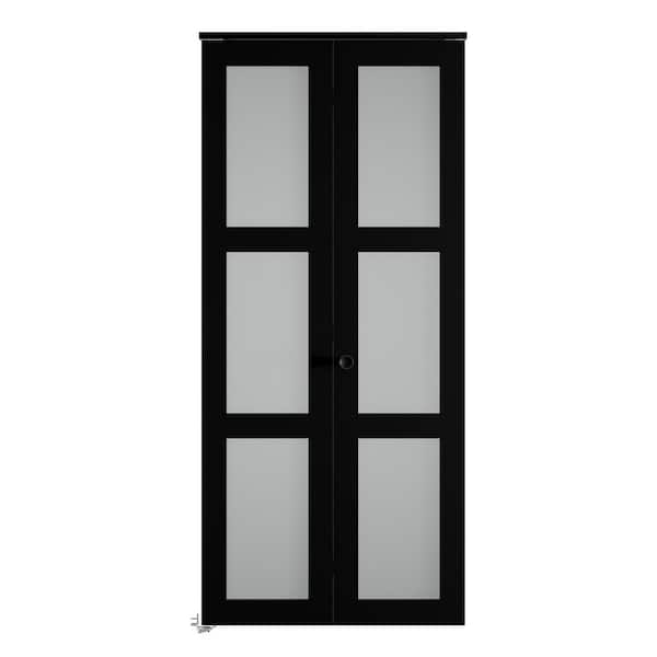 24 in. x 78 in. 3-Lite Frosted Glass Solid Core Black Finished MDF Closet Bi-Fold Door with Hardware Kit