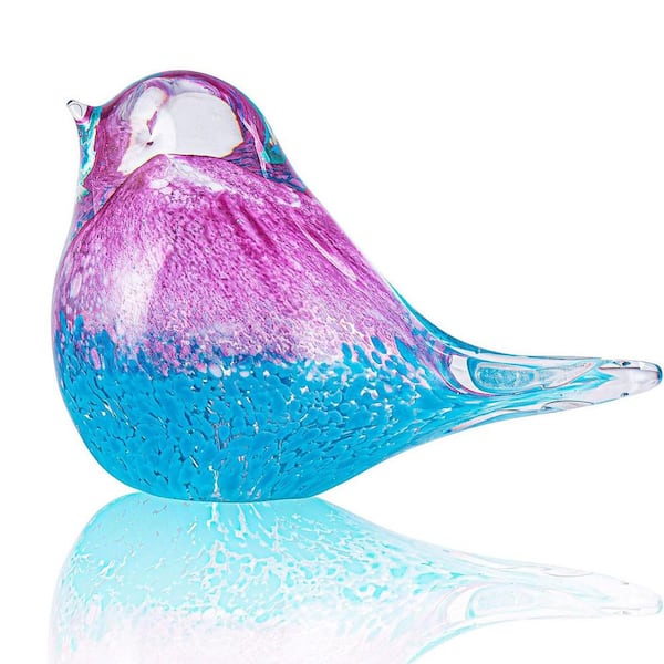 Unbranded 3.5 in. x 5.5 in. Hand Blown Glass Blue Bird Figurine:Pink & Blue Crystal Ornament, Home Decor & Gift for Women