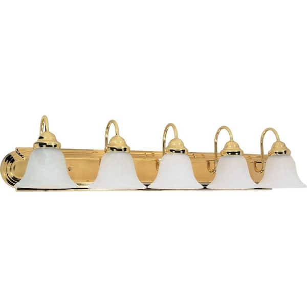SATCO Ballerina 36 in. 5-Light Polished Brass Vanity Light with Alabaster Glass Shade