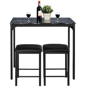 3-Piece Black Counter Height Dining Set Faux Marble Table
