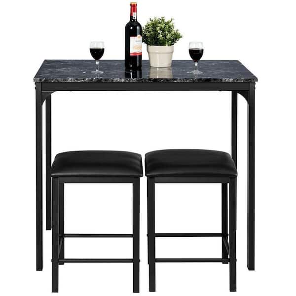 SUNRINX 3-Piece Black Counter Height Dining Set Faux Marble Table