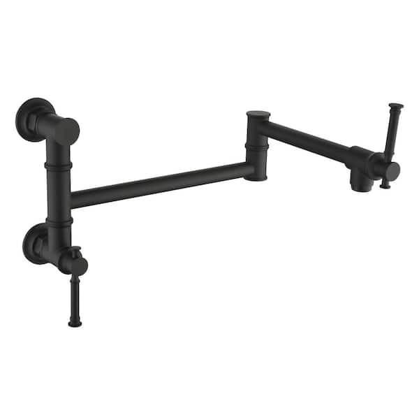 Modern Brass Pot Filler Two-Attachment Wall Mount Folding Kitchen Pot Filler Swing Arm in Matte Black