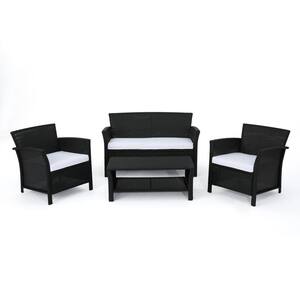 4-Piece Faux Rattan Outdoor Patio Conversation Set with White Seat Cushions