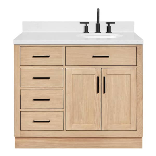Hepburn 42 in. W x 22 in. D x 36 in. H Single Freestanding Bath Vanity in Oak with Carrara White Quartz Top