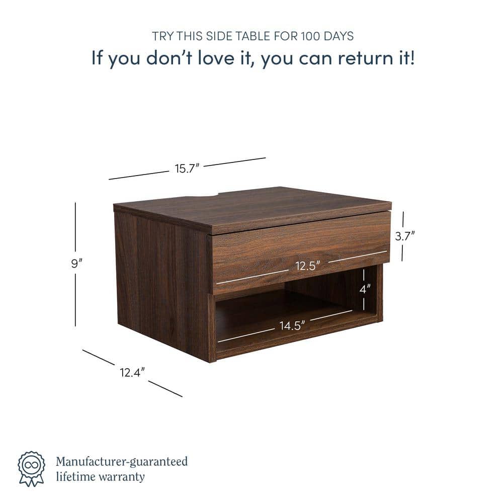 Walnut Floating Nightstand with Drawer and Open Shelf