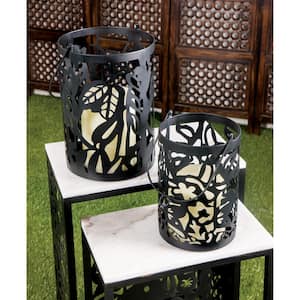 Black Pierced Leaf Design Candle Lanterns (Set of 2)