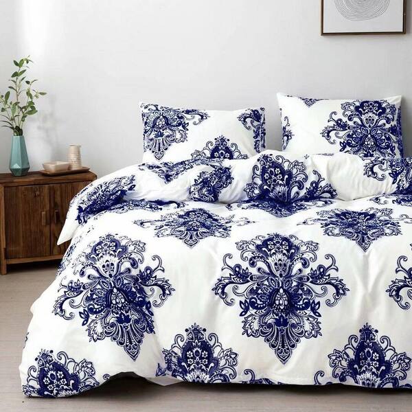 Shatex Shatex Comforters Queen Size Bedding Set- 3 Piece All Season, Ultra Soft Polyester Nordic, White with Blue Flower