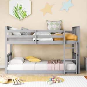 Gray Twin Low Floor Bunk Bed with Ladder, Twin Size Kids Wooden Bunk Bed Frame with Guardrail and Slats