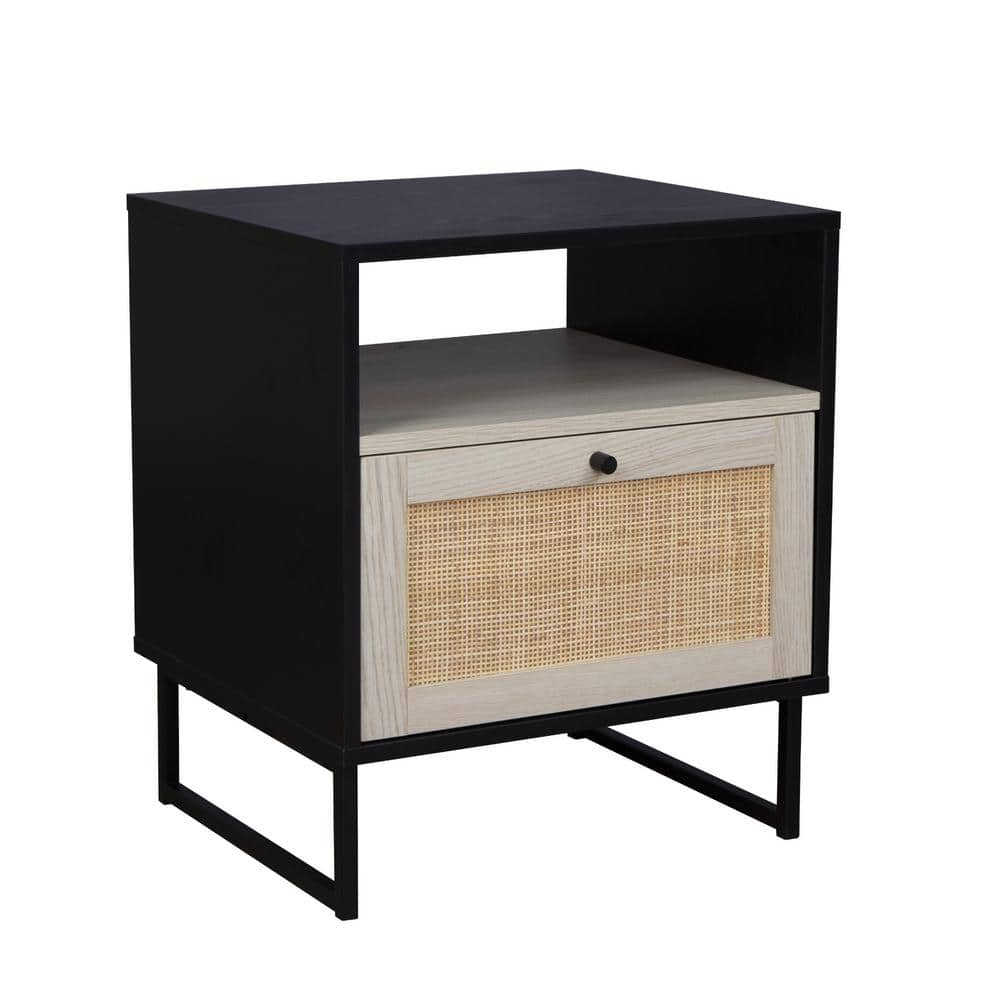 Mina Black Oak and Rattan Storage Accent Table