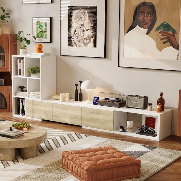 FUFU&GAGA White and Wood Grain Extendable TV Stand, Entertainment Center Fits TV's up to 80 in. with 3-Doors and 9-Shelves