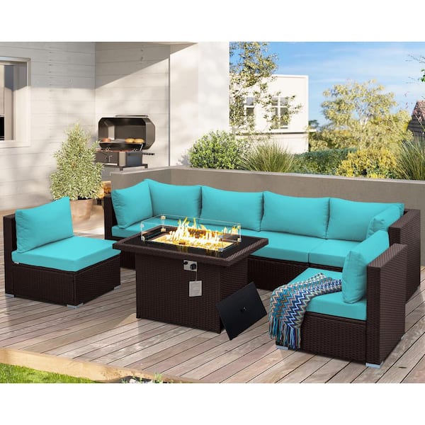 FINCATI High-End 7-Piece Espresso Wicker Patio Fire Pit Conversation Sectional Deep Seating Sofa Set with Teal Cushions