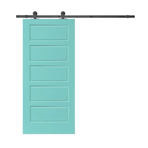 CALHOME 30 in. x 80 in. Mint Green Stained Composite MDF 5 Panel Interior Sliding Barn Door with Hardware Kit