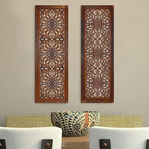 Traditional Burnt Brown 2-Piece Mango Wood Wall Art Panel Set with Mandallion Carving, for Living Room Dining Room