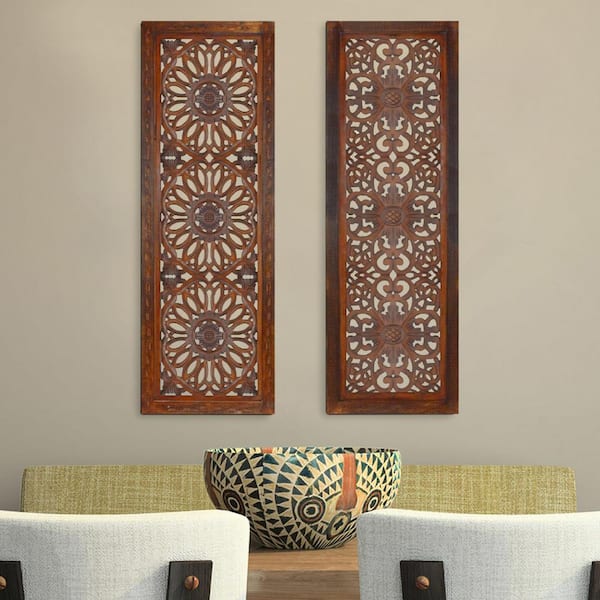 Unbranded Traditional Burnt Brown 2-Piece Mango Wood Wall Art Panel Set with Mandallion Carving, for Living Room Dining Room